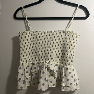 Zara Cream and Blue Polka Dot Smocked Top